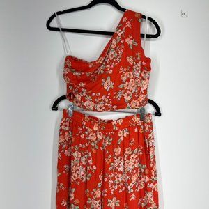 Florally Dreamy Red Floral One-Shoulder Two-Piece Jumpsuit, Size M